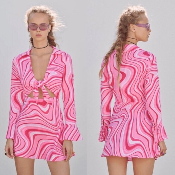 Zara Dresses & Skirts - Zara Retro Cutout Linen Psychedelic 70’s Swirl Mini Dress